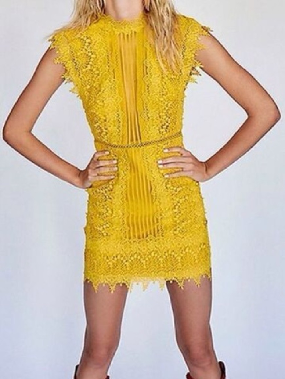 Free People Bright Yellow Mustard Lace Mini Dress